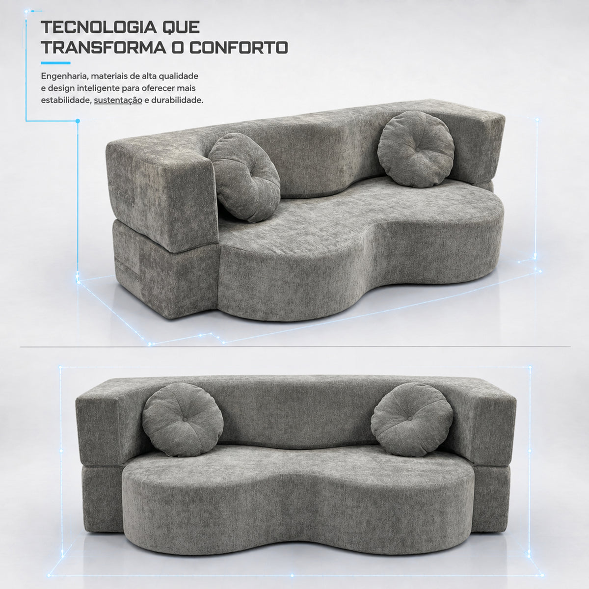 Sofá Cama Orgânico Wave Espuma á Vácuo 2,02m Cinza