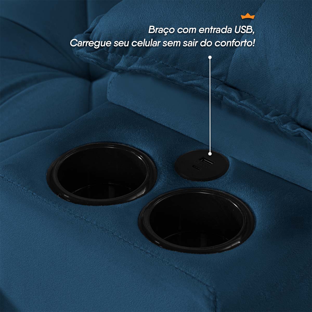 Sofá Veneza 2,40m Retrátil Reclinável Azul USB e Porta Copos