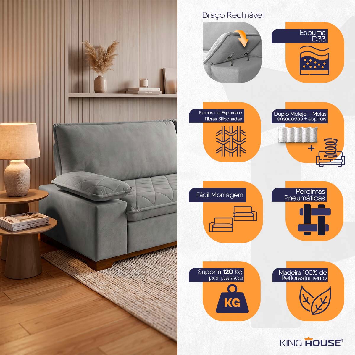 Sofá Living Siberian 2,30m Bouclê Cinza Braço Reclinável