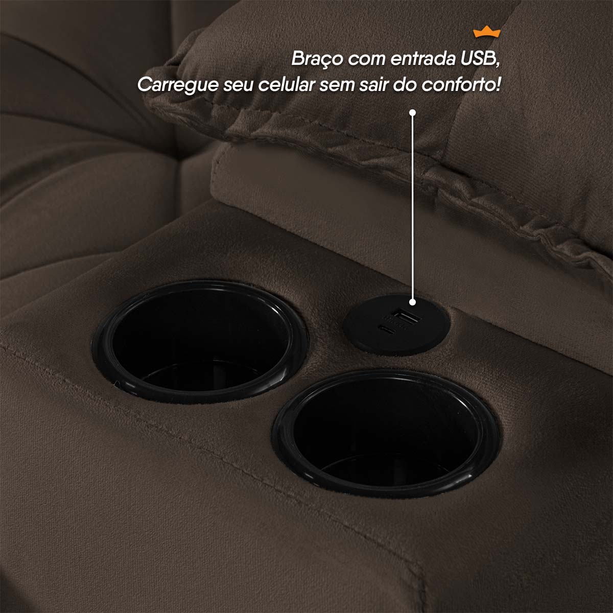 Sofá Veneza 2,40m Retrátil Reclinável Marrom USB e Porta Copos