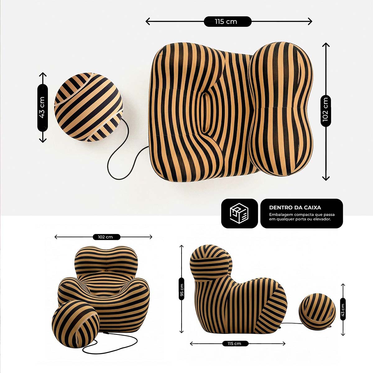 Poltrona Vortex com Puff Listrada Design Orgânico Statement Compacto na Caixa