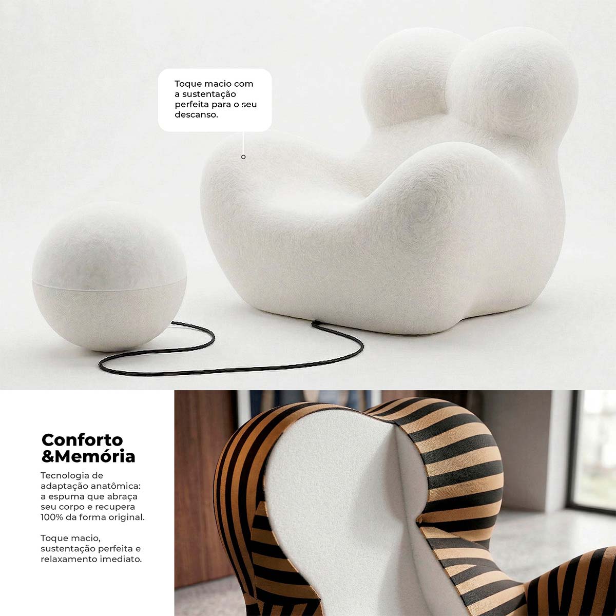 Poltrona Vortex com Puff Listrada Design Orgânico Statement Compacto na Caixa