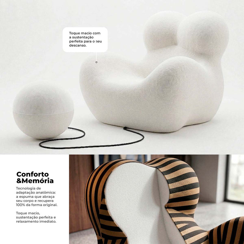 Poltrona Vortex com Puff Listrada Design Orgânico Statement Compacto na Caixa