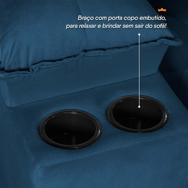Sofá Veneza 2,40m Retrátil Reclinável Azul USB e Porta Copos