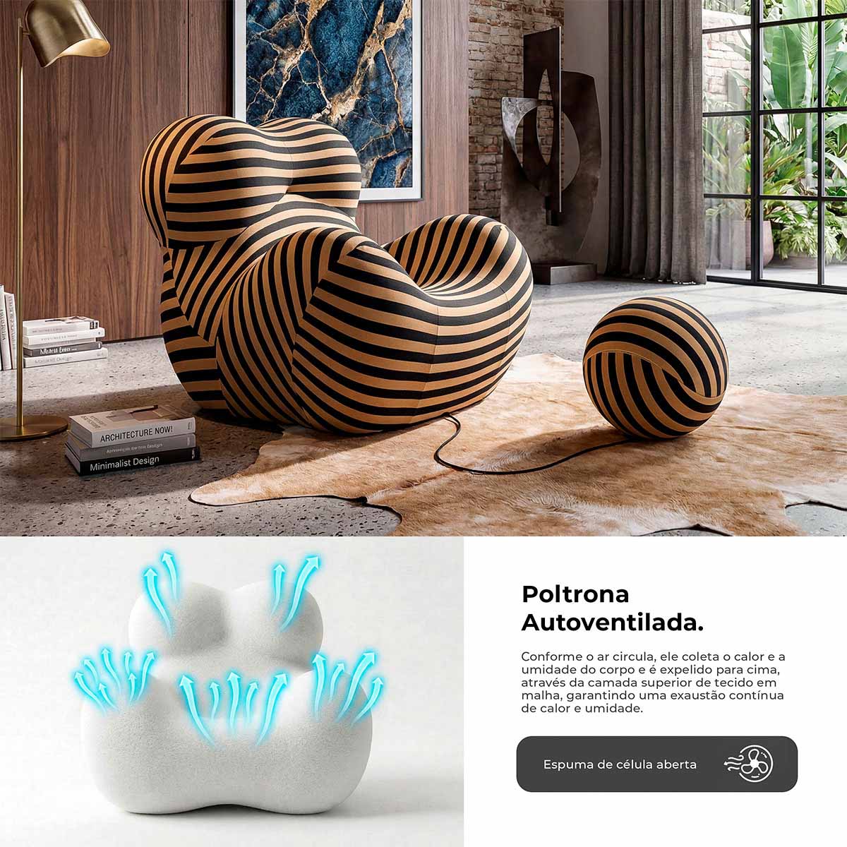 Poltrona Vortex com Puff Listrada Design Orgânico Statement Compacto na Caixa
