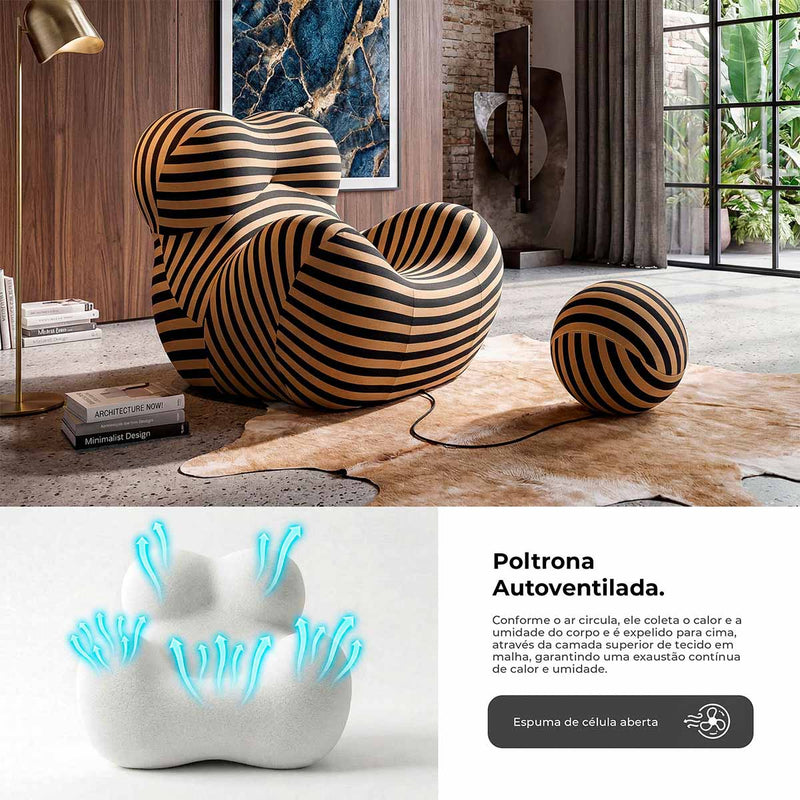 Poltrona Vortex com Puff Listrada Design Orgânico Statement Compacto na Caixa