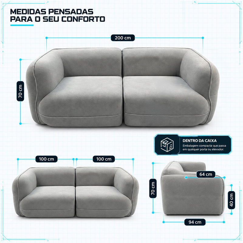 Sofá Orgânico Aura Espuma á Vácuo 2,00m Bouclê Cinza