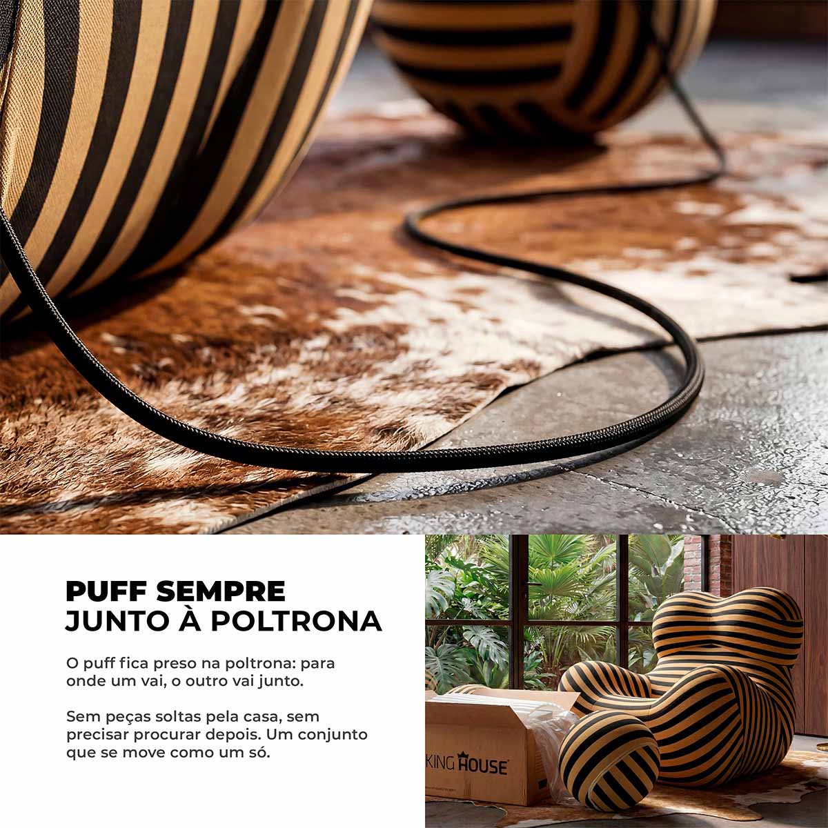 Poltrona Vortex com Puff Listrada Design Orgânico Statement Compacto na Caixa
