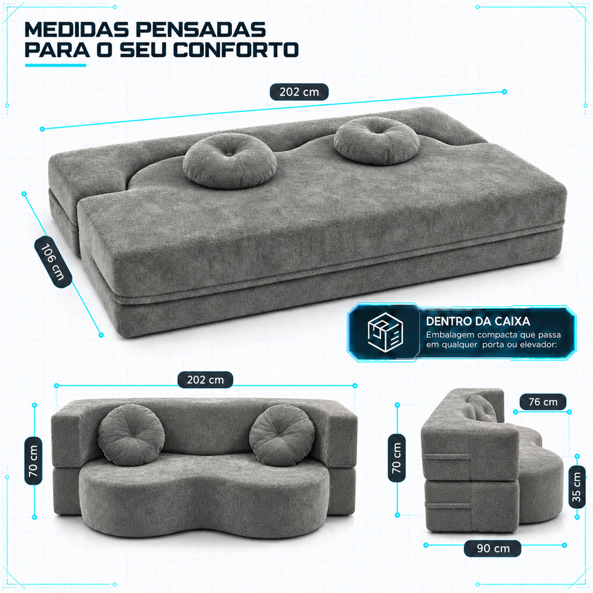 Sofá Cama Orgânico Wave Espuma á Vácuo 2,02m Cinza