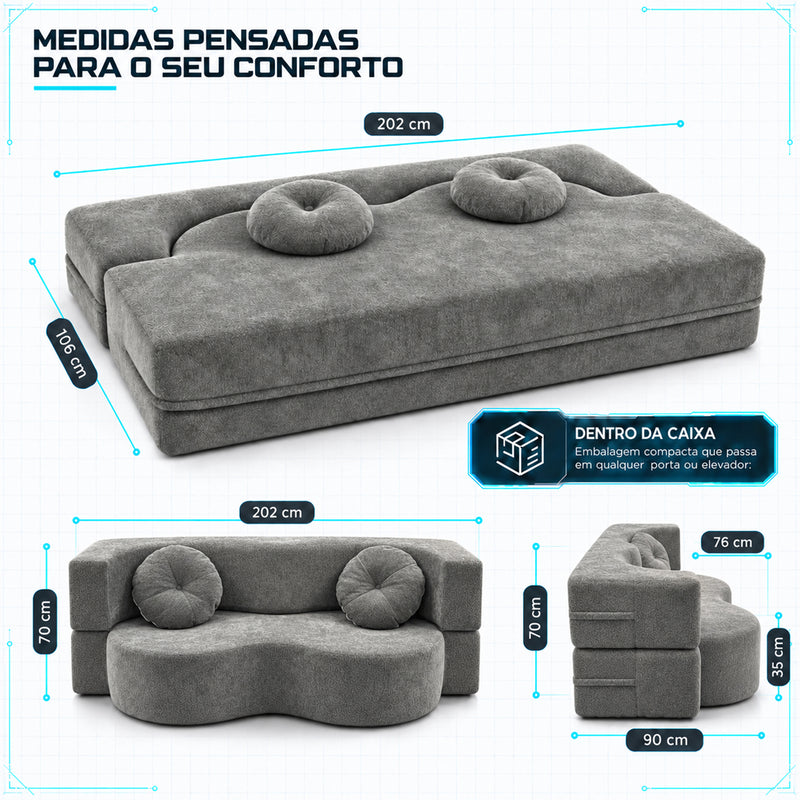 Sofá Cama Orgânico Wave Espuma á Vácuo 2,02m Cinza