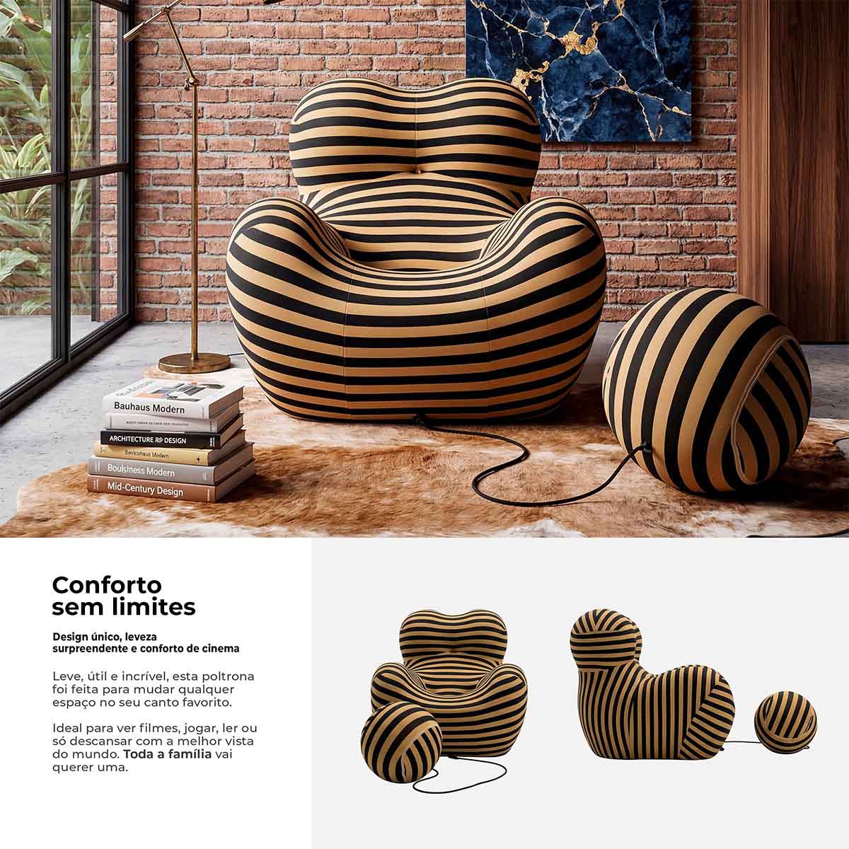 Poltrona Vortex com Puff Listrada Design Orgânico Statement Compacto na Caixa