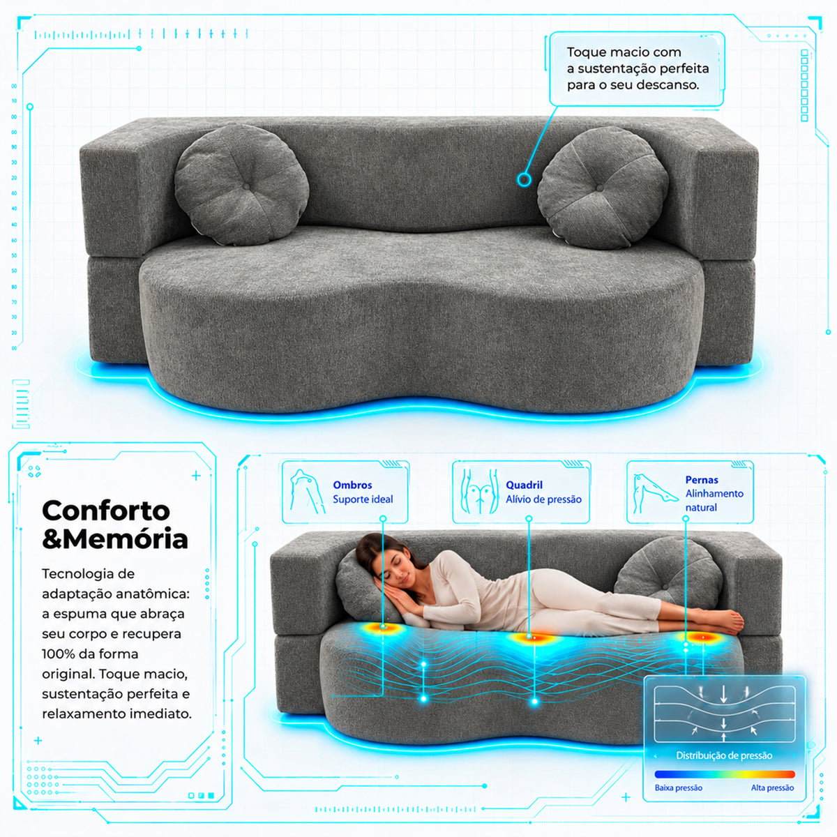 Sofá Cama Orgânico Wave Espuma á Vácuo 2,02m Cinza