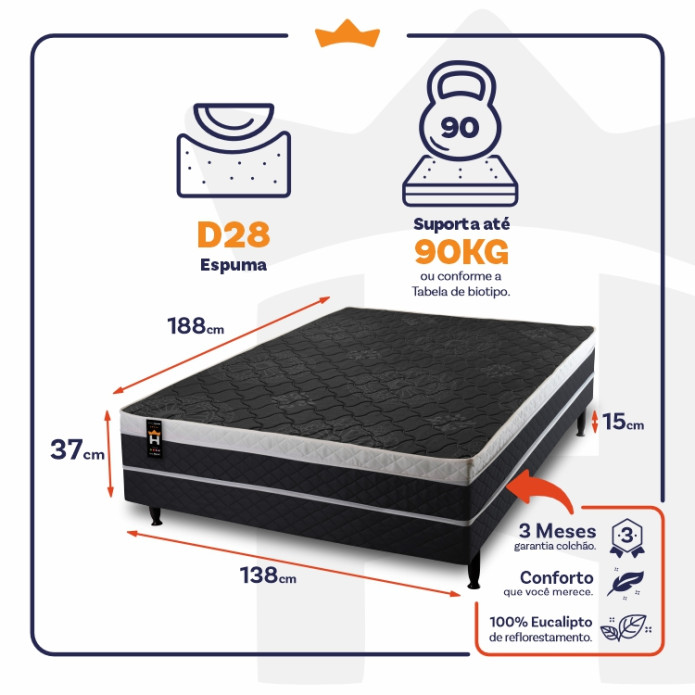 Conjugado Casal Dallas D28 Ortopédico 138x188x56 Preto - King House