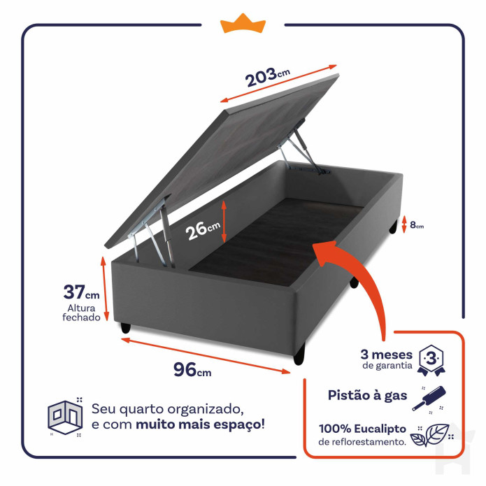 Conjunto Box Baú Chicago Cinza 96x203x64 Espuma D33