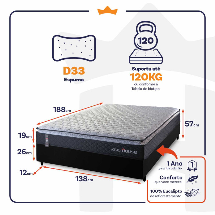 Conjunto Cama Box Casal Dakota Preto 138x188x57 Espuma D33