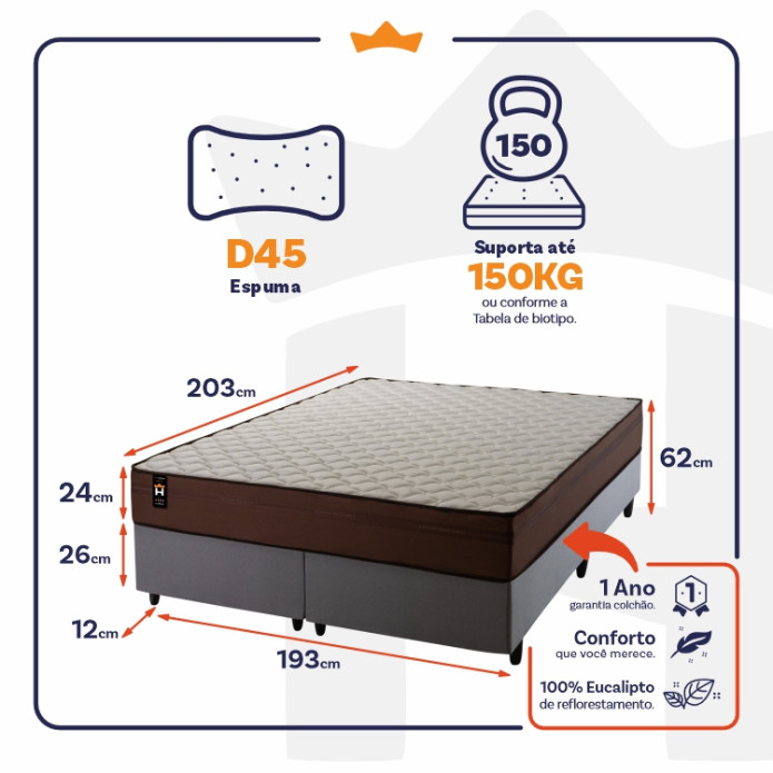 Conjunto Cama Box Espuma Atlanta Marrom King 193x203x62