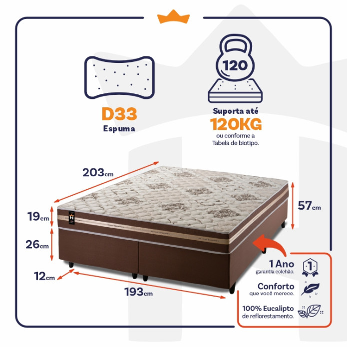 Conjunto Cama Box Espuma Chicago Marrom King 193x203x57
