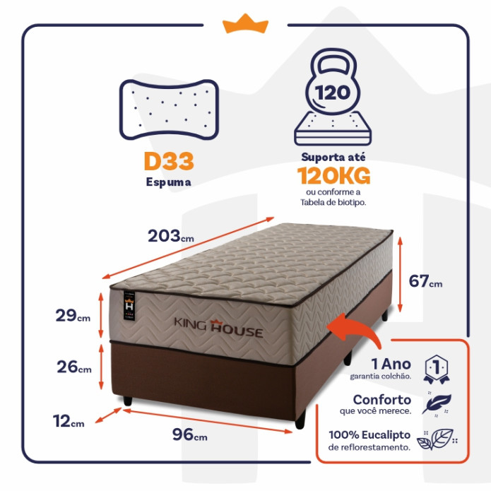 Conjunto Cama Box Espuma San Diego Bege Solteiro 96x203x67