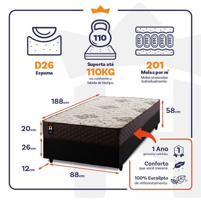 Conjunto Cama Box Molas Ensacadas Allura Marrom Solteiro 88x188x58