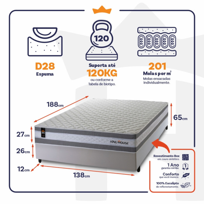 Conjunto Cama Box Molas Ensacadas Alpine Cinza Casal 138x188x65