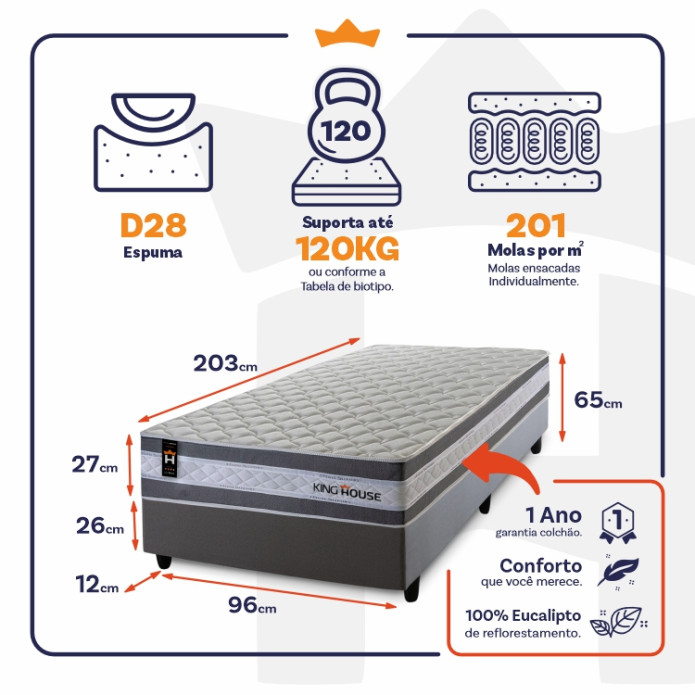Conjunto Cama Box Molas Ensacadas Alpine Cinza Solteiro 96x203x65