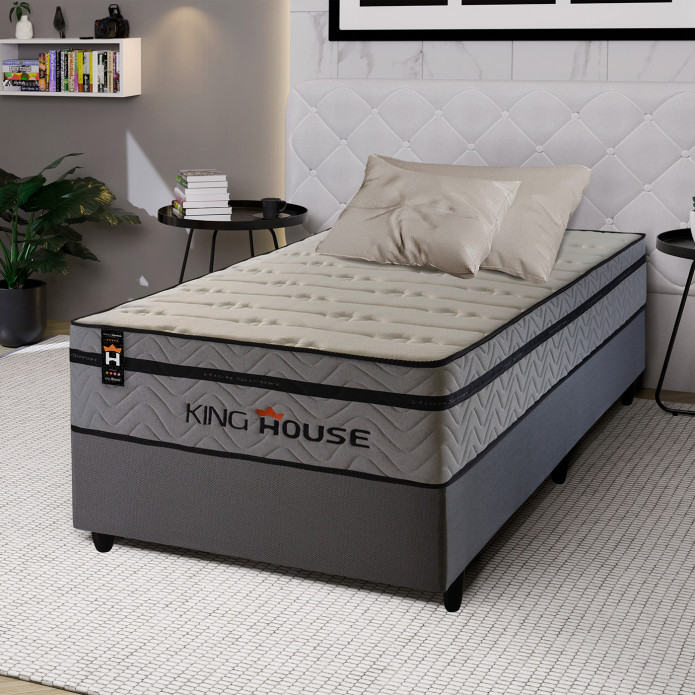 Conjunto Cama Box Molas Ensacadas Preston Cinza Solteiro 96x203x71