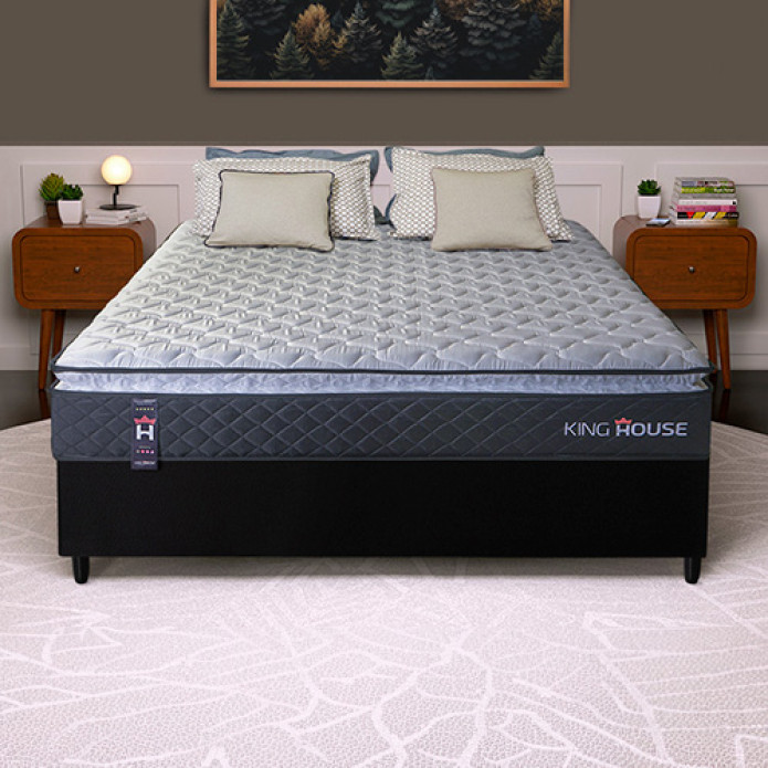 Conjunto Cama Box Casal Dakota Preto 138x188x57 Espuma D33