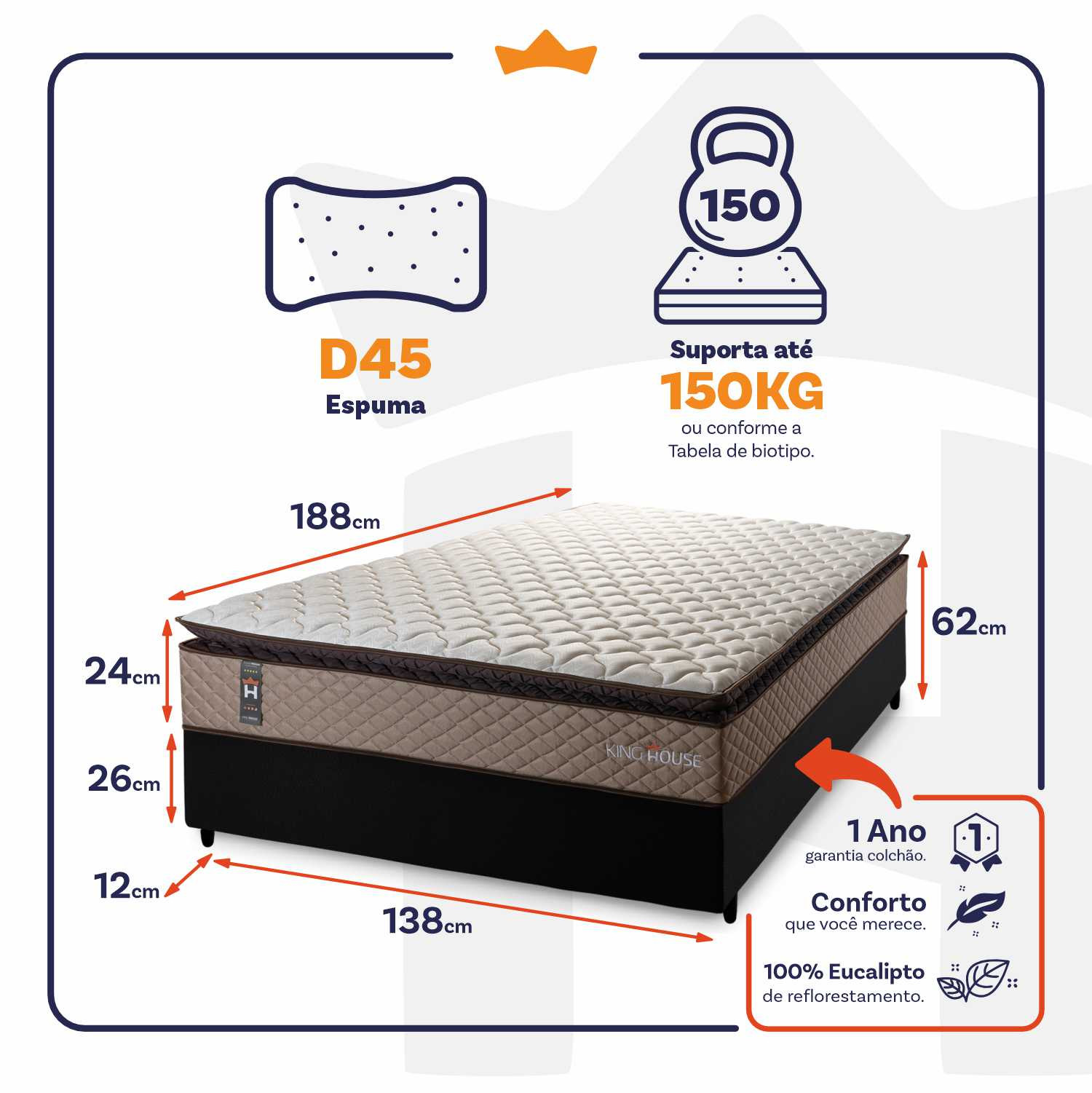 Conjunto Cama Box Espuma Atlanta Bege Casal 138x188x62