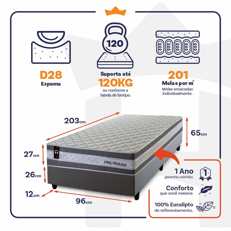 Conjunto Cama Box Molas Ensacadas Alpine Cinza Solteiro 96x203x65