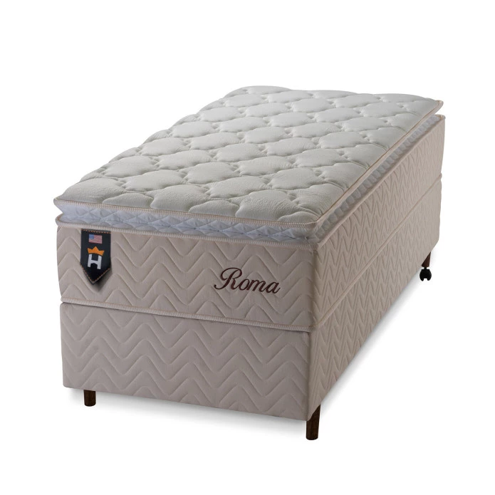 Conjunto Cama Box Solteiro Roma 96x203x71 Bege/Branco Molas Ensacadas