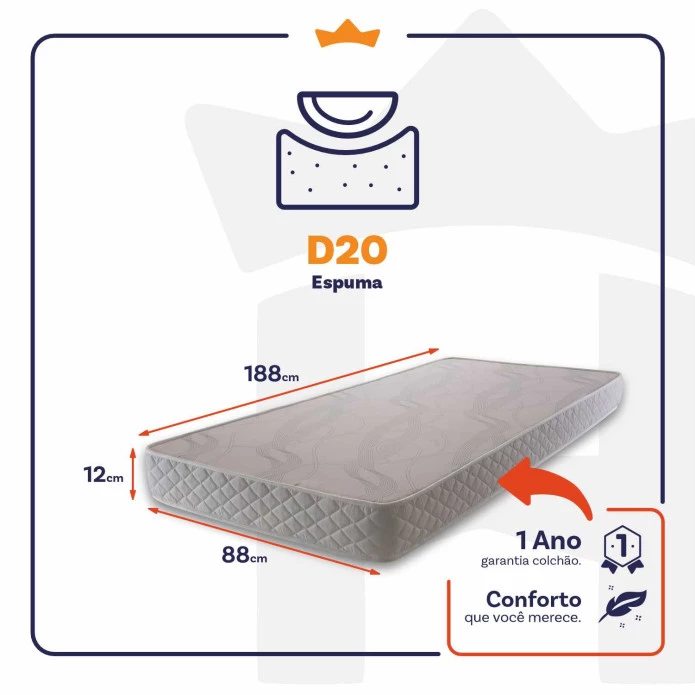 Colchão Solteiro Espuma D20 Valentine 88x188x12 Branco