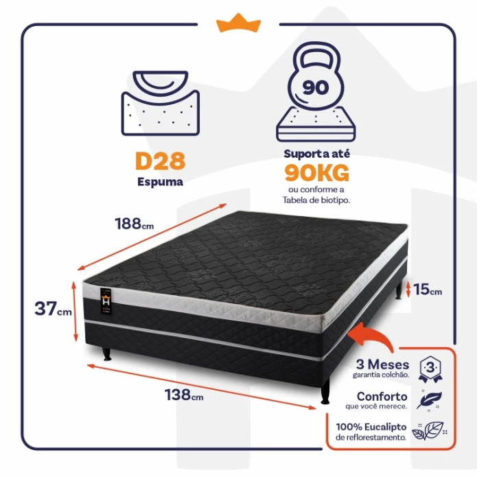 Conjugado Casal Dallas D28 Ortopédico 138x188x56 Preto - King House