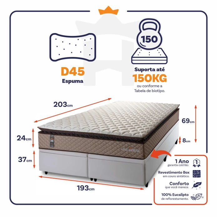 Conjunto Box Baú Atlanta Bege 193x203x69 Espuma D45