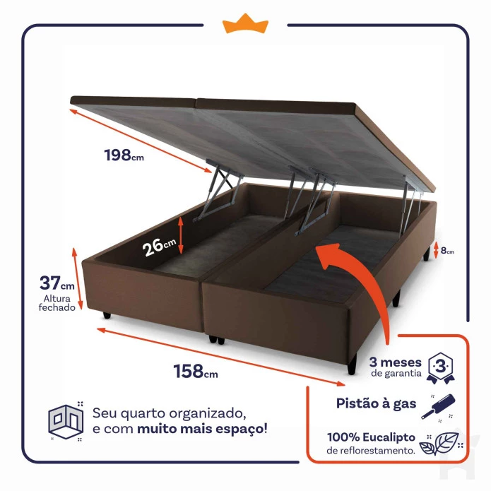 Conjunto Box Baú Chicago Cinza 158x198x64 Espuma D33