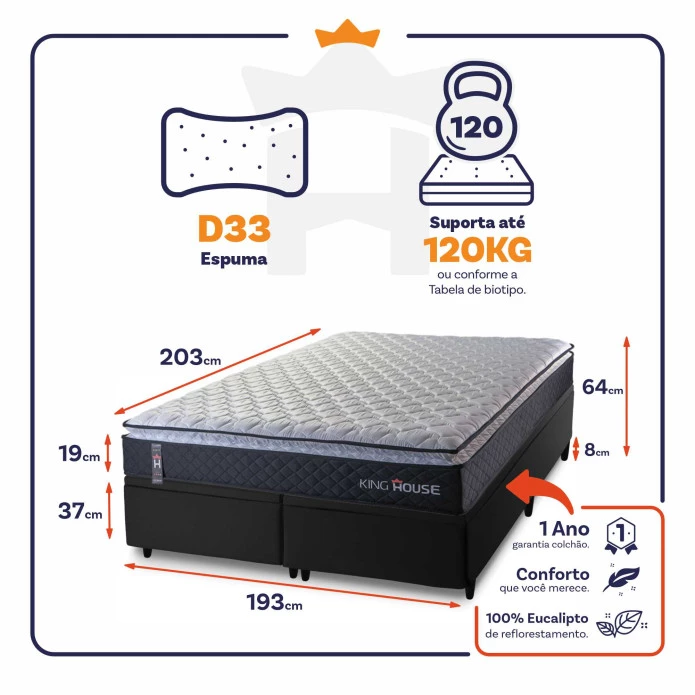 Conjunto Box Baú King Dakota Preto 193x203x64 Espuma D33