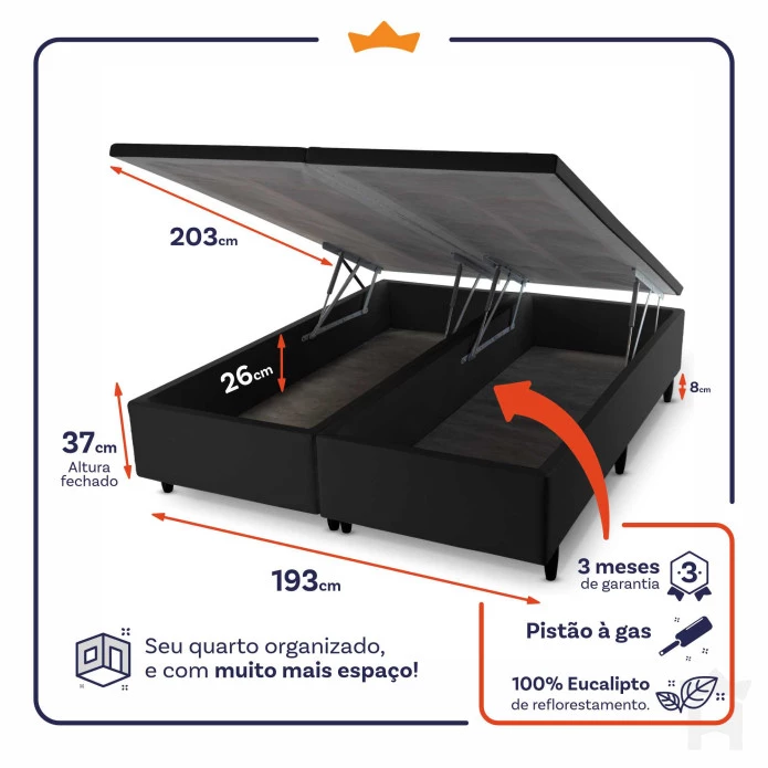 Conjunto Box Baú King Dakota Preto 193x203x64 Espuma D33