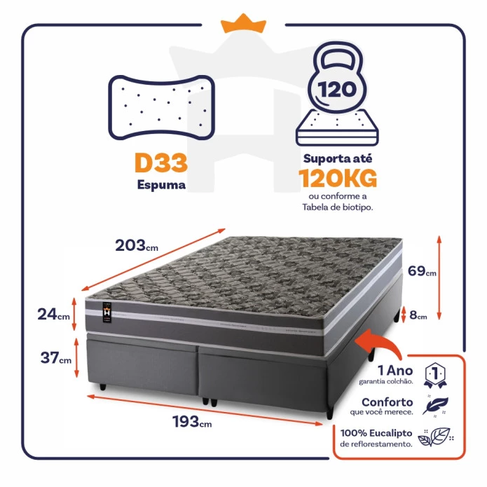 Conjunto Box Baú Miami Cinza 193x203x69 Espuma D33