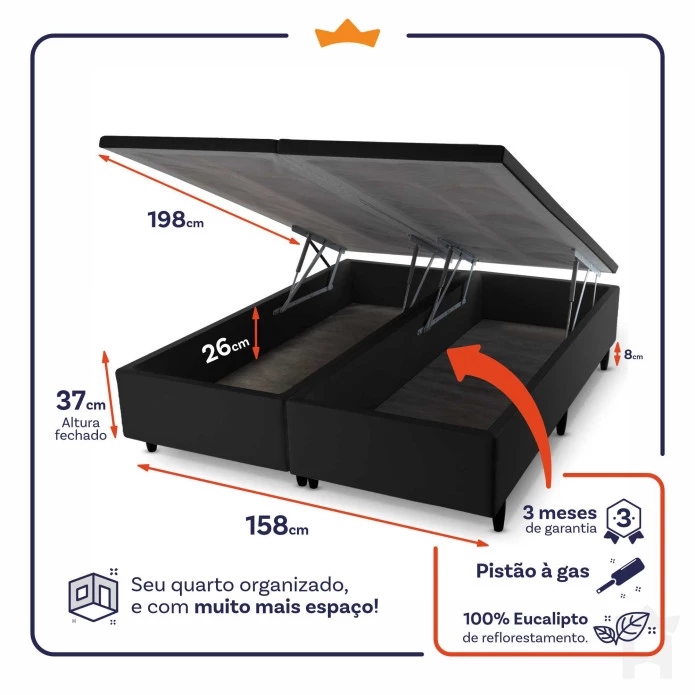 Conjunto Box Baú Queen Dakota Preto 158x198x64 Espuma D33