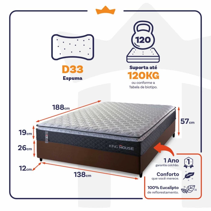 Conjunto Cama Box Casal Dakota Preto 138x188x57 Espuma D33