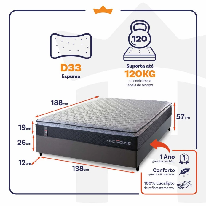 Conjunto Cama Box Casal Dakota Preto 138x188x57 Espuma D33