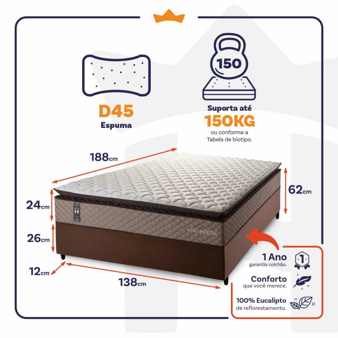 Conjunto Cama Box Espuma Atlanta Bege Casal 138x188x62