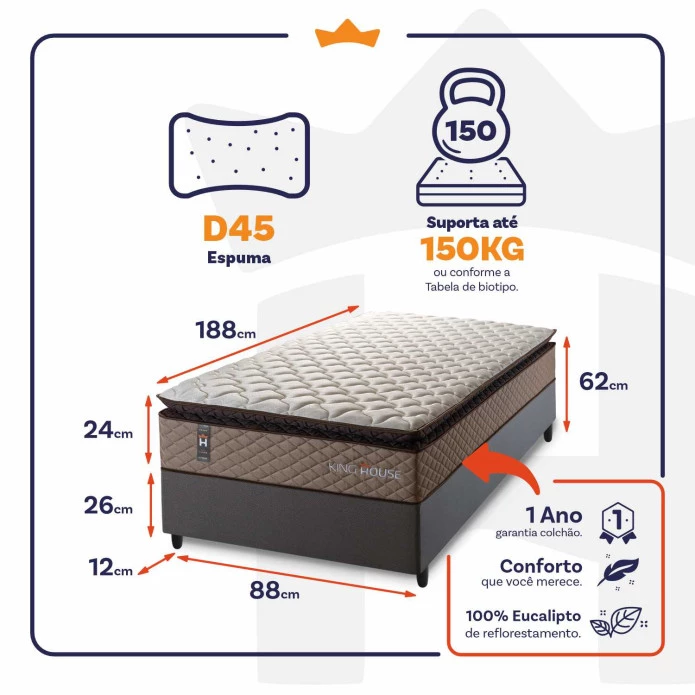 Conjunto Cama Box Espuma Atlanta Bege Solteiro 88x188x62