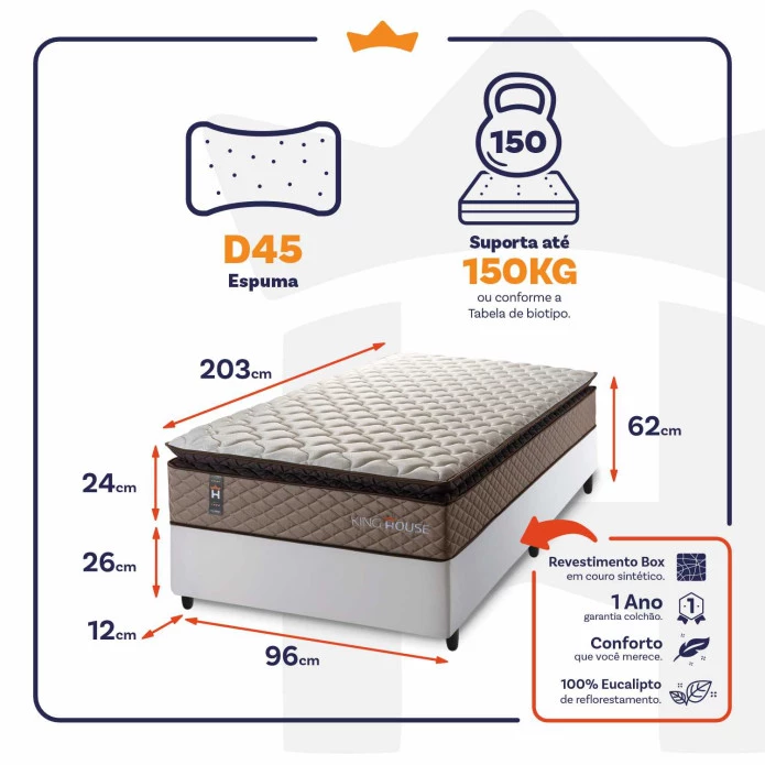 Conjunto Cama Box Espuma Atlanta Bege Solteiro 96x203x62