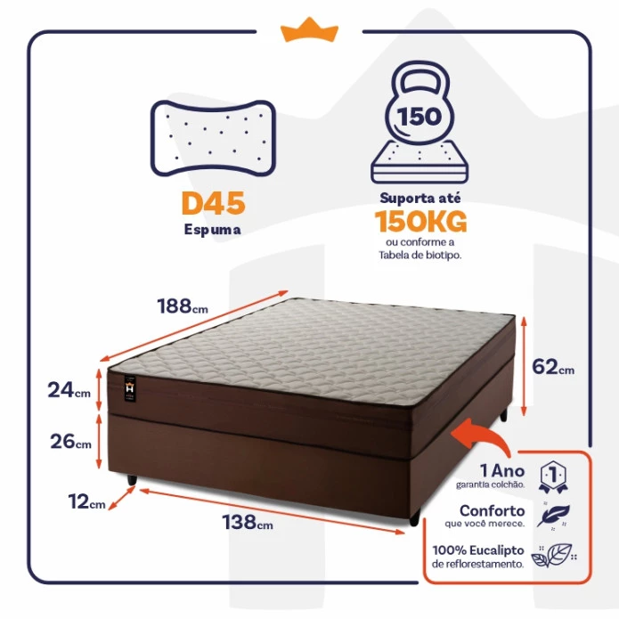 Conjunto Cama Box Espuma Atlanta Marrom Casal 138x188x62