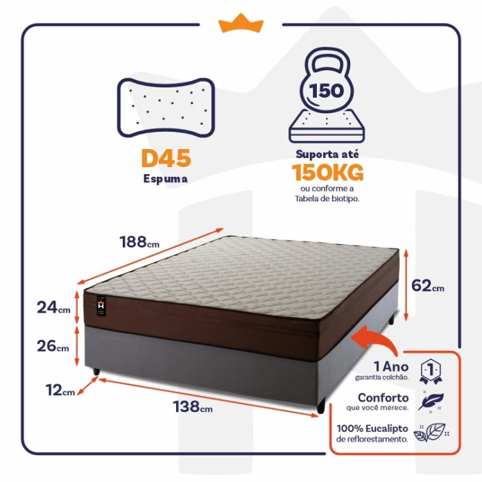 Conjunto Cama Box Espuma Atlanta Marrom Casal 138x188x62