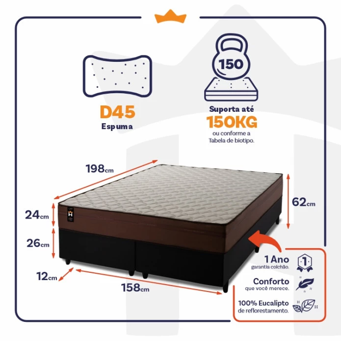 Conjunto Cama Box Espuma Atlanta Marrom Queen 158x198x62