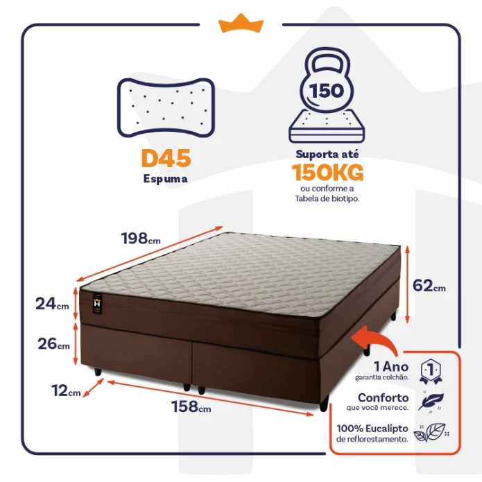 Conjunto Cama Box Espuma Atlanta Marrom Queen 158x198x62
