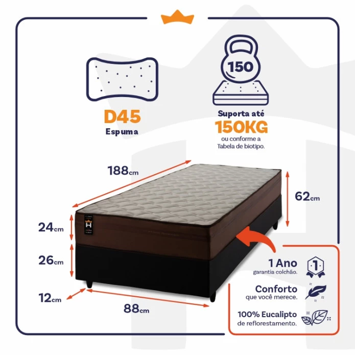 Conjunto Cama Box Espuma Atlanta Marrom Solteiro 88x188x62