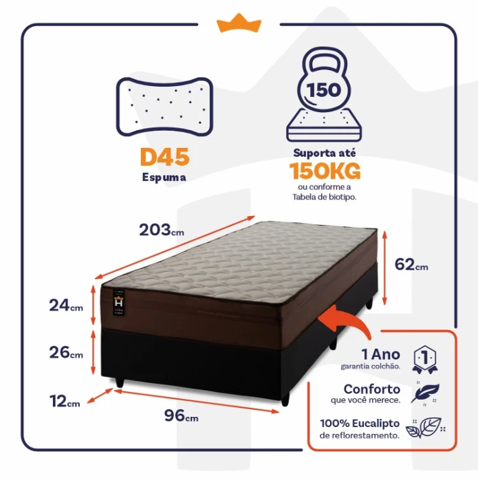 Conjunto Cama Box Espuma Atlanta Marrom Solteiro 96x203x62