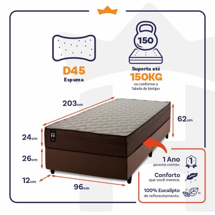 Conjunto Cama Box Espuma Atlanta Marrom Solteiro 96x203x62